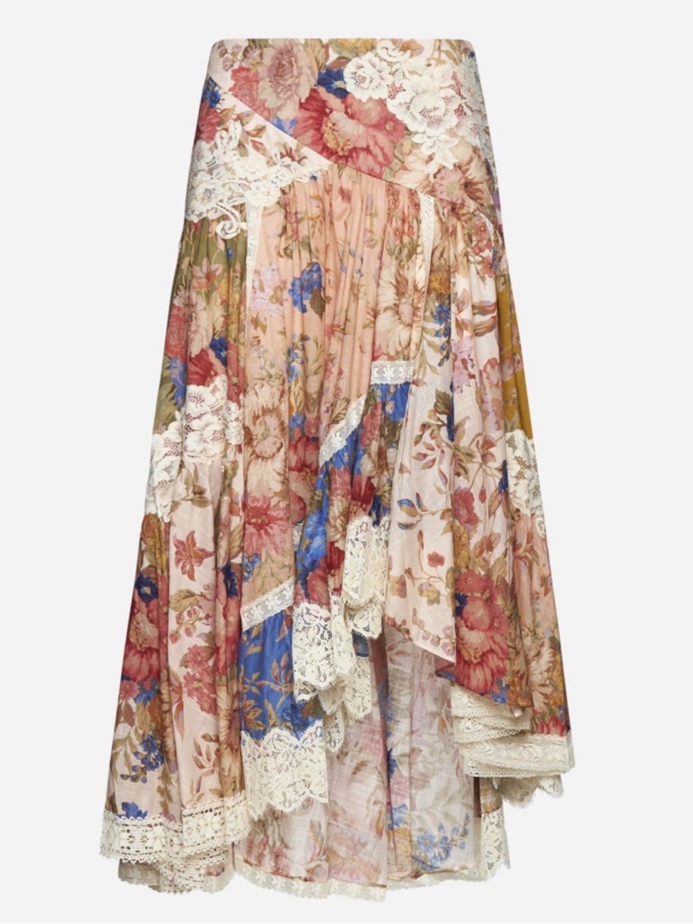 Zimmermann August Cotton Asymmetric Floral Patchwork High-Low Skirt - AU 3 US 10